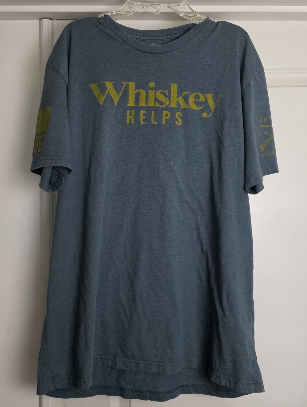 Grunt Style Blue Short Sleeve Tee with Yellow 'Whiskey Helps' Graphic